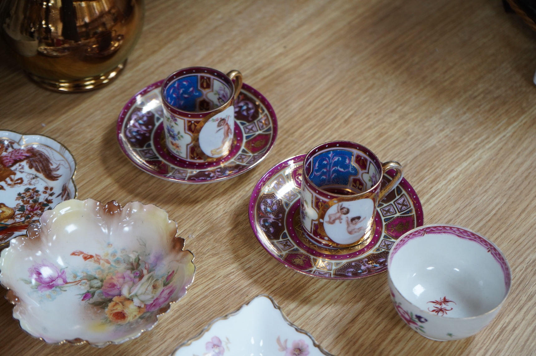 A bisque figure group of the Three Graces - 27cm high, a smaller smaller bisque figure, a pair of Vienna style coffee cans and saucers and a collection of mixed floral china. (22)